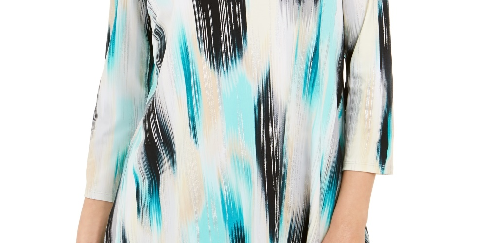 JM Collection Women's Printed Grommet-Neck Top Navy Size Large