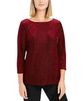 Charter Club Women's Flocked Boat Neck Top Red Size Petite Medium