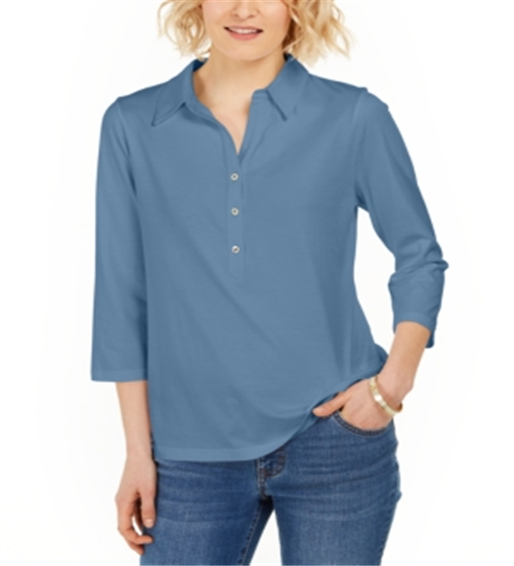 Charter Club Women's Supima Cotton 3/4 Sleeve Polo Shirt Blue Size 2XL