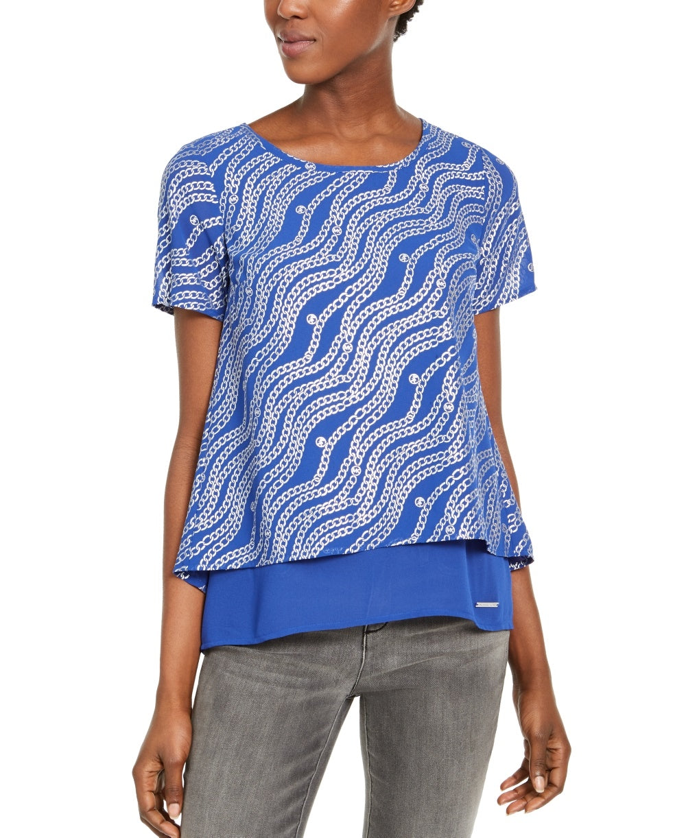 Michael Kors Women's Chain-Print Layered Top  Sizes Blue Size XL