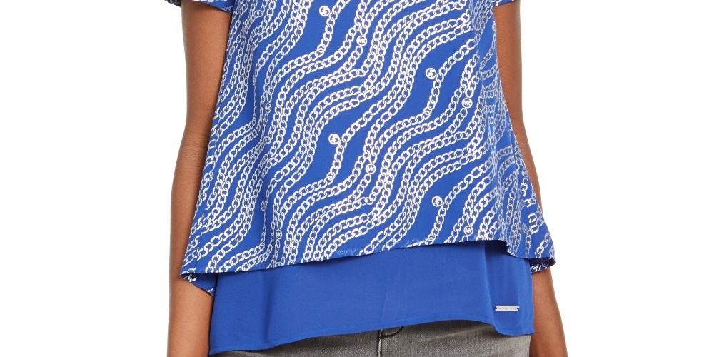 Michael Kors Women's Chain-Print Layered Top  Sizes Blue Size XL