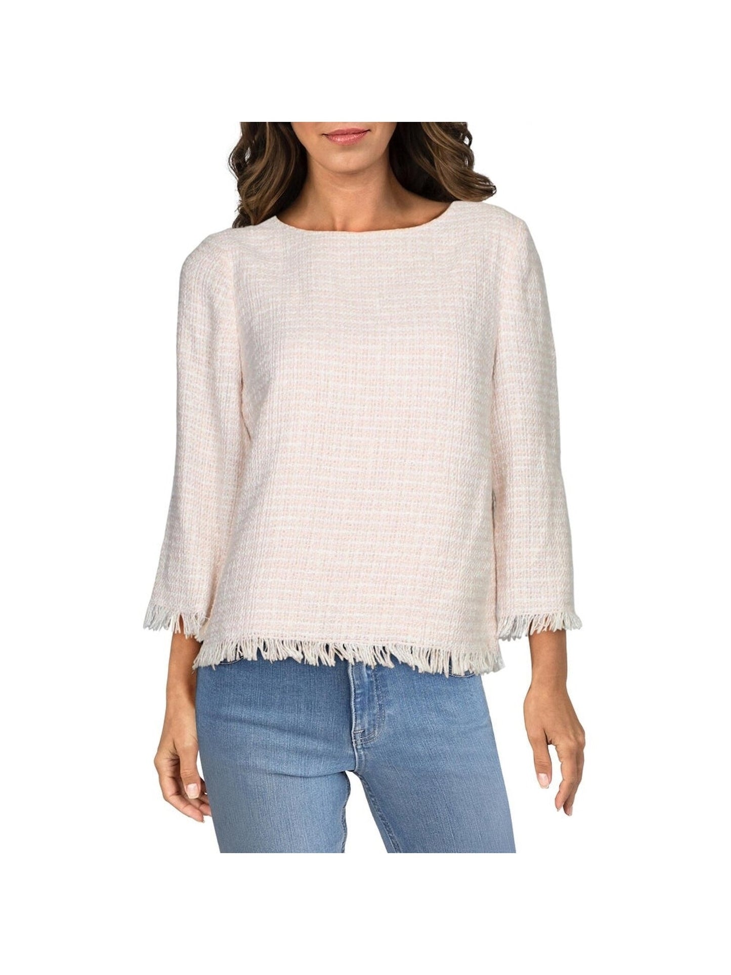 Anne Klein Women's Frayed Patterned Long Sleeve Jewel Neck Top White Size Large