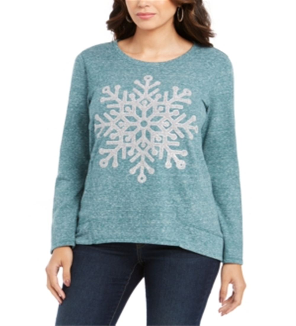 Style Co Women's Snowflake Graphic Sweatshirt Caviar Snowflakes Green Size Petite L