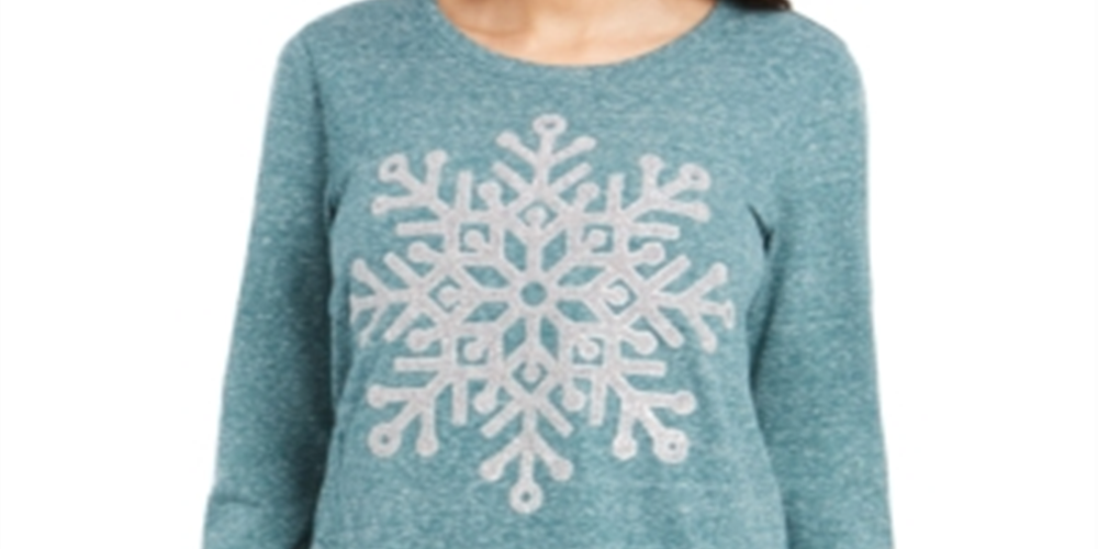 Style Co Women's Snowflake Graphic Sweatshirt Caviar Snowflakes Green Size Petite L