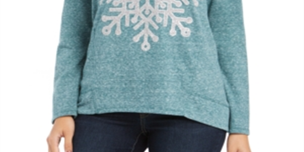Style Co Women's Snowflake Graphic Sweatshirt Caviar Snowflakes Green Size Petite L