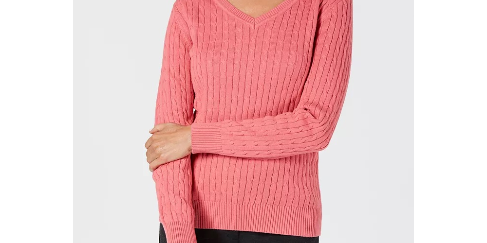 Karen Scott Women's Petite Cotton Cable-Knit Sweater Pink Size PXL