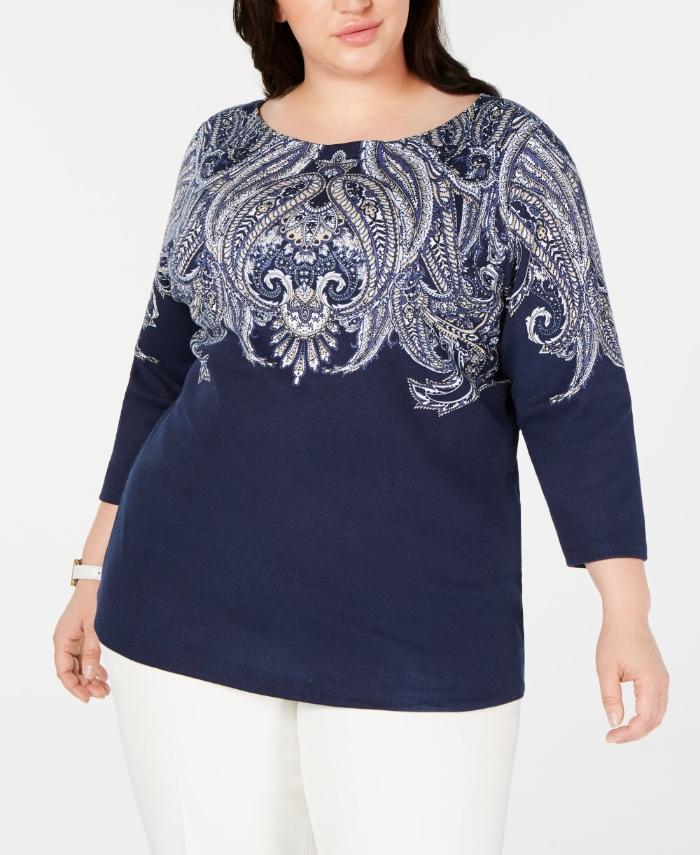 Karen Scott Women's Plus Size Printed 3/4 Sleeve Top Blue Size 0X