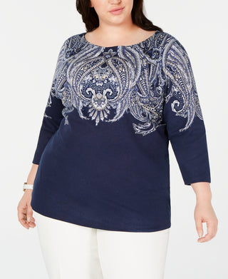 Karen Scott Women's Plus Size Printed 3/4 Sleeve Top Blue Size 0X