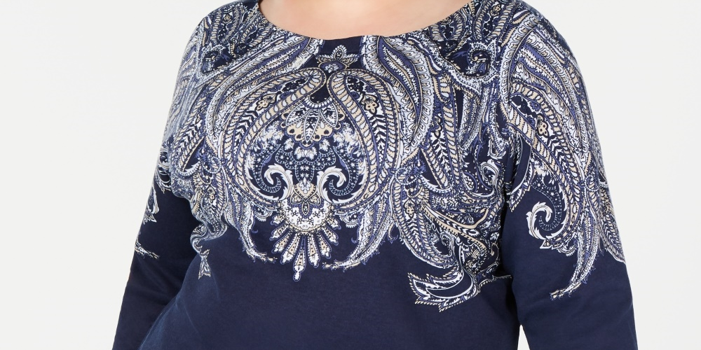 Karen Scott Women's Plus Size Printed 3/4 Sleeve Top Blue Size 0X