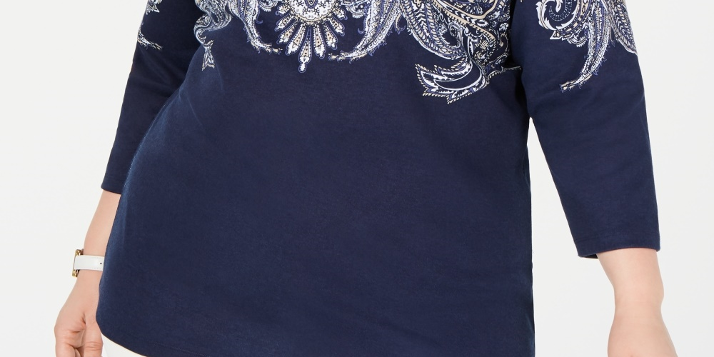 Karen Scott Women's Plus Size Printed 3/4 Sleeve Top Blue Size 0X