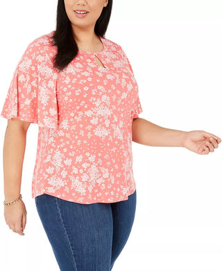 Charter Club Women's Plus Size Printed Flutter-Sleeve Top Red Size 4X