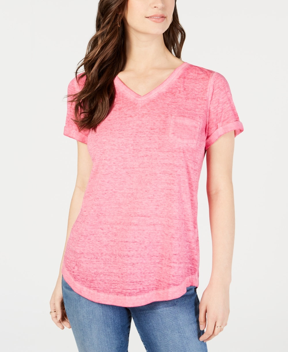 Style & Co Women's Burnout V Neck T Shirt Pink Size PM