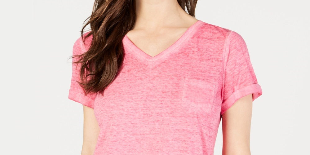 Style & Co Women's Burnout V Neck T Shirt Pink Size PM