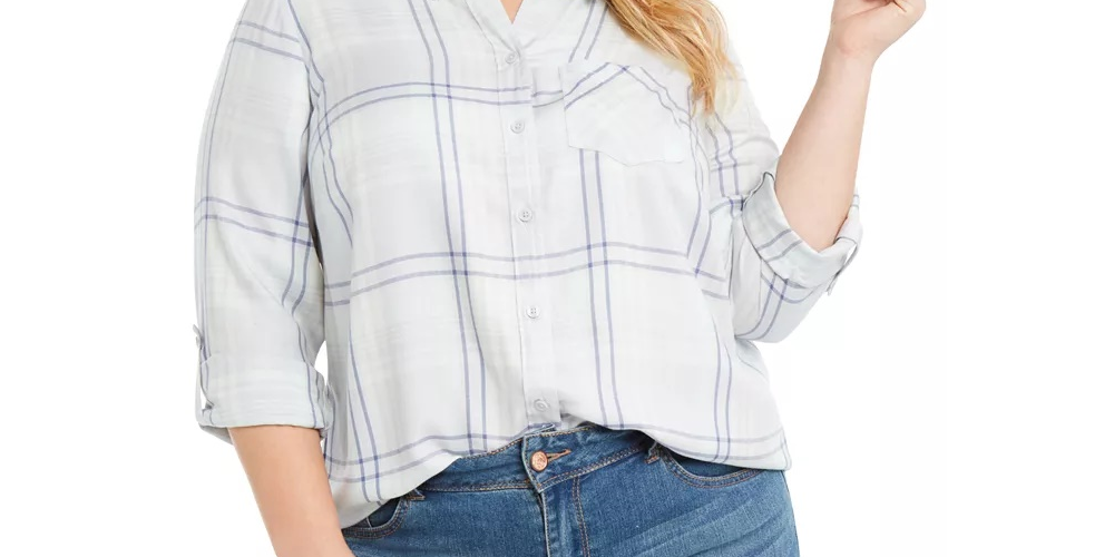 Style & Co Women's  Plus Size Plaid Utility Shirt Light Green/Blue Size 2X