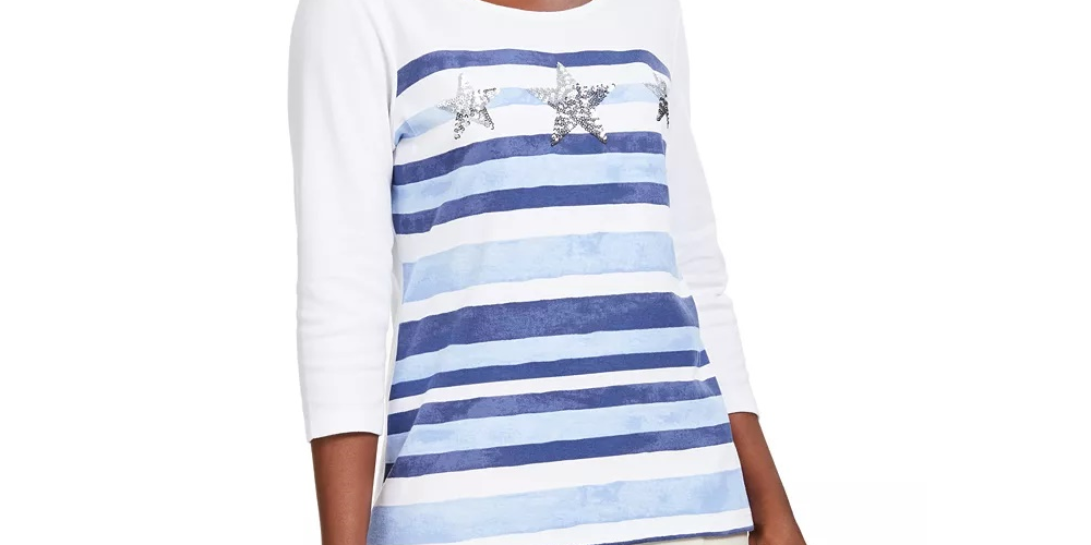 Karen Scott Women's Striped Sequined Seashell Top White Size X-Small