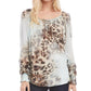 Karen Kane Women's Leopard-Print Smocked-Sleeve Top Brown Size Small