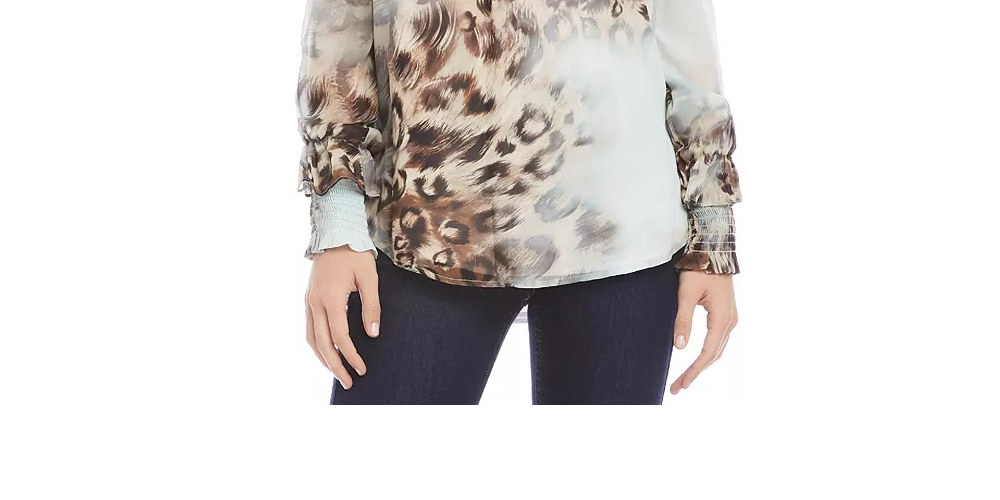 Karen Kane Women's Leopard-Print Smocked-Sleeve Top Brown Size Small