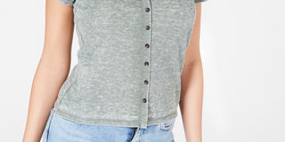 Crave Fame Junior's Button Front Waffle T-Shirt Green Size X-Large