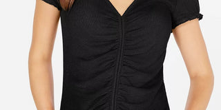 Ultra Flirt Junior's Cinched Front Waffle Knit Top Black Size X-Large
