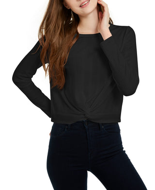 Pink Rose Junior's Twisted Waffle Knit Top Black Size Small