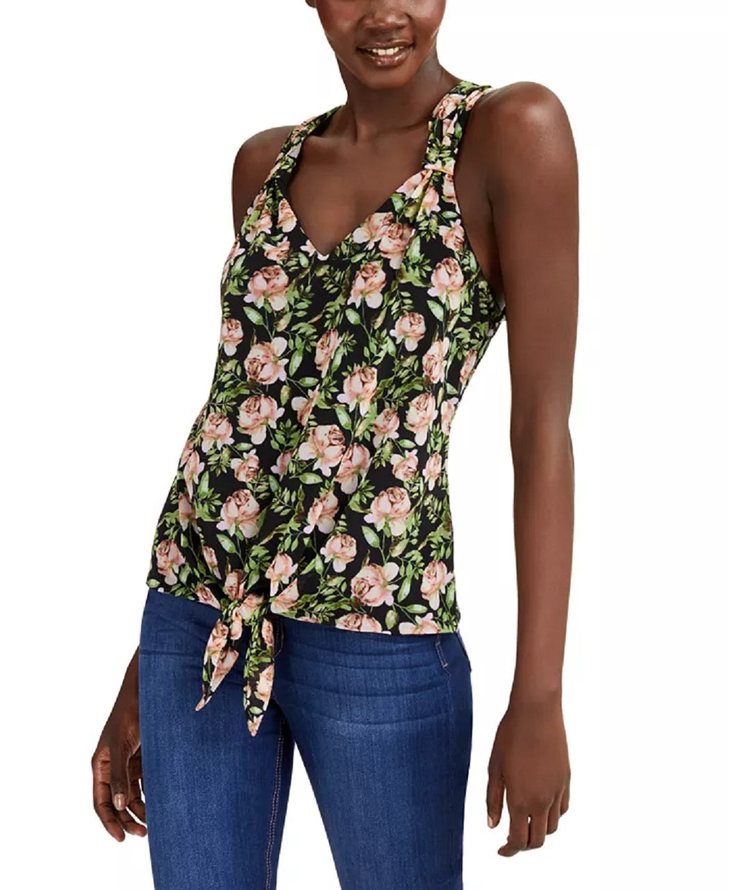 INC International Concepts Women's Floral Print Tie Front Top Black Size Small
