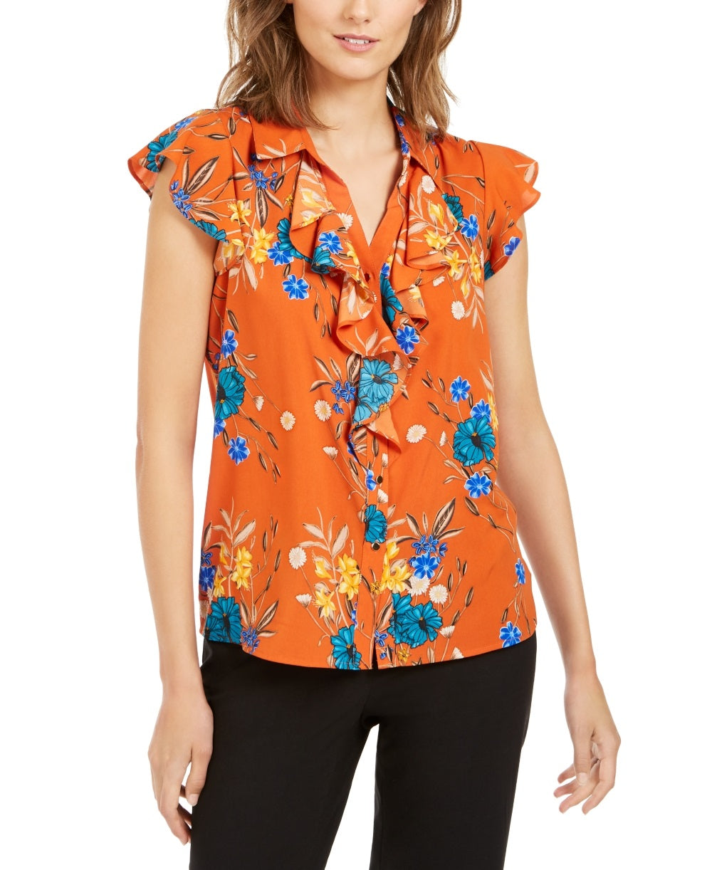 Calvin Klein Women's Ruffle Front Floral Blouse Orange Flower Size Large