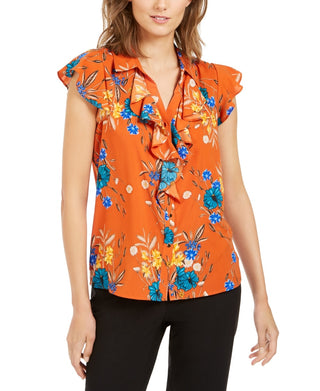 Calvin Klein Women's Ruffle Front Floral Blouse Orange Flower Size Large