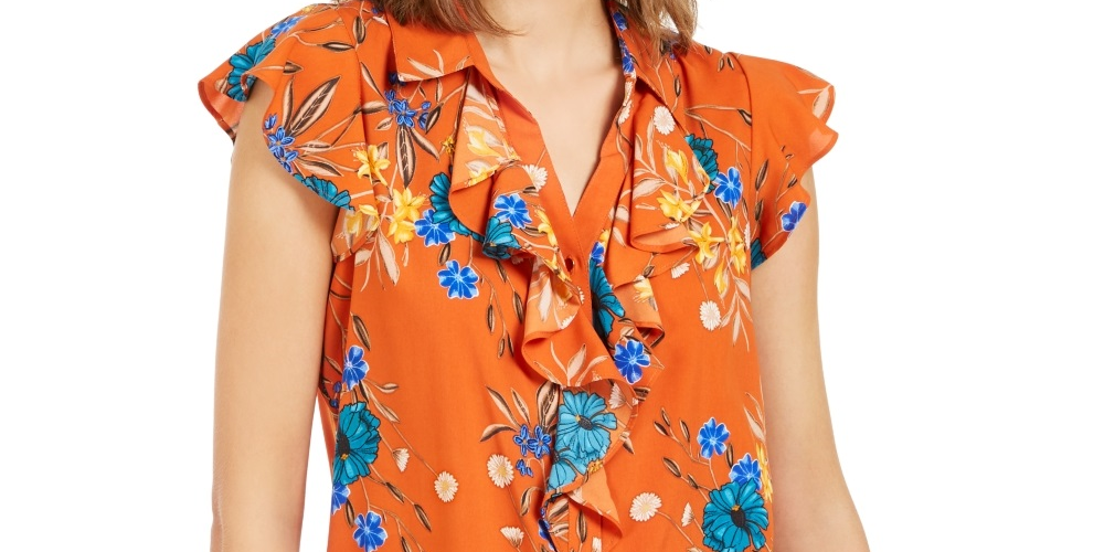 Calvin Klein Women's Ruffle Front Floral Blouse Orange Flower Size Large
