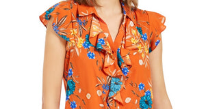 Calvin Klein Women's Ruffle Front Floral Blouse Orange Flower Size Large