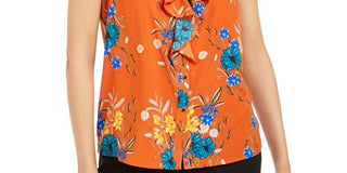 Calvin Klein Women's Ruffle Front Floral Blouse Orange Flower Size Large