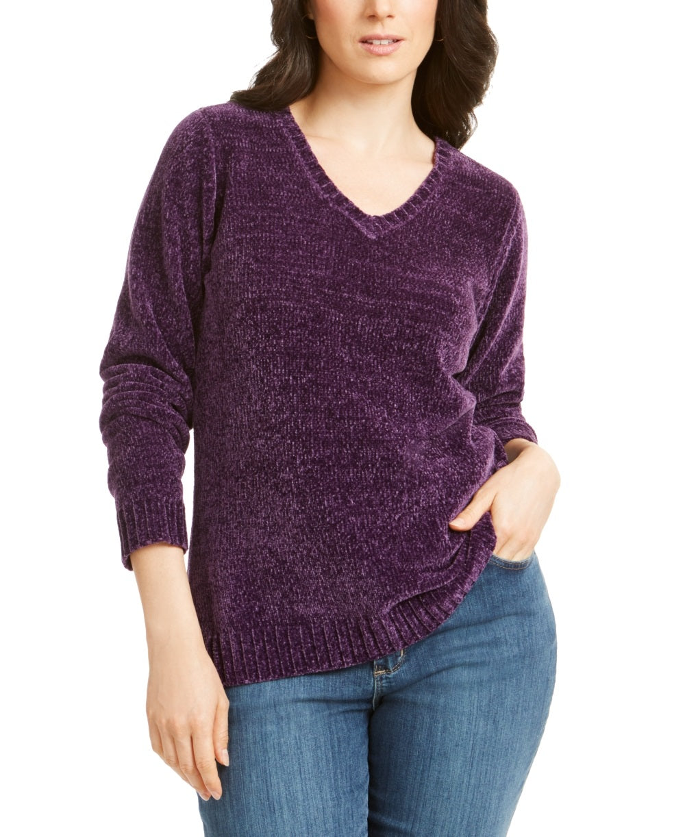 Karen Scott Women's V Neck Chenille Sweater Purple Size Small