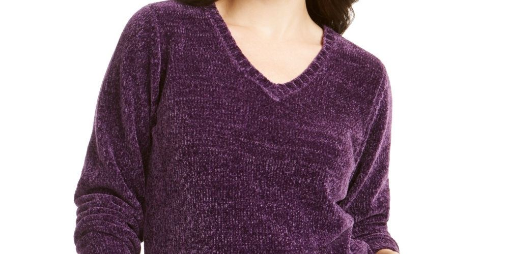 Karen Scott Women's V Neck Chenille Sweater Purple Size Small