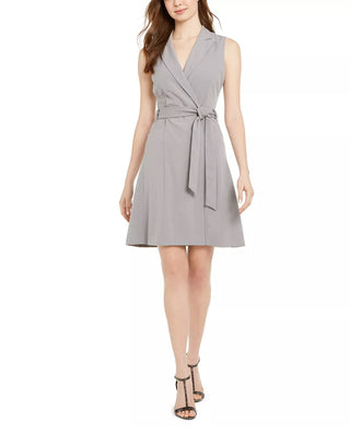Calvin Klein Women's Solid Sleeveless V Neck Above The Knee Fit Flare Dress Gray Size 10