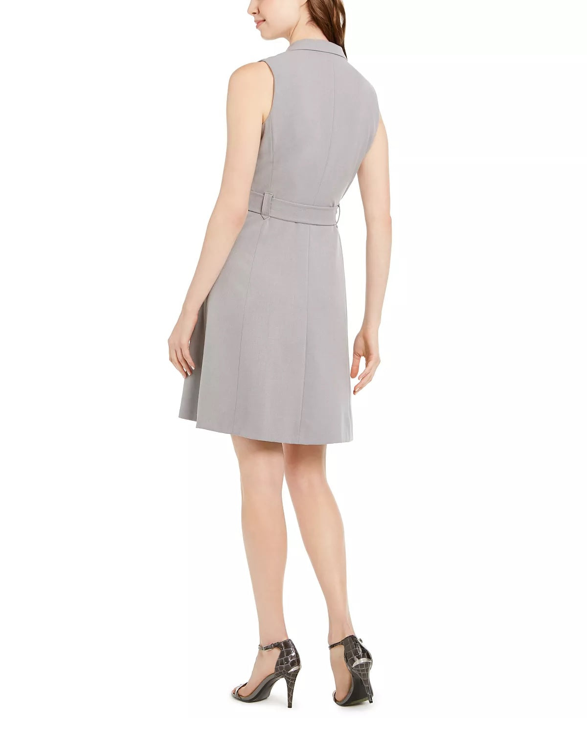 Calvin Klein Women's Solid Sleeveless V Neck Above The Knee Fit Flare Dress Gray Size 10