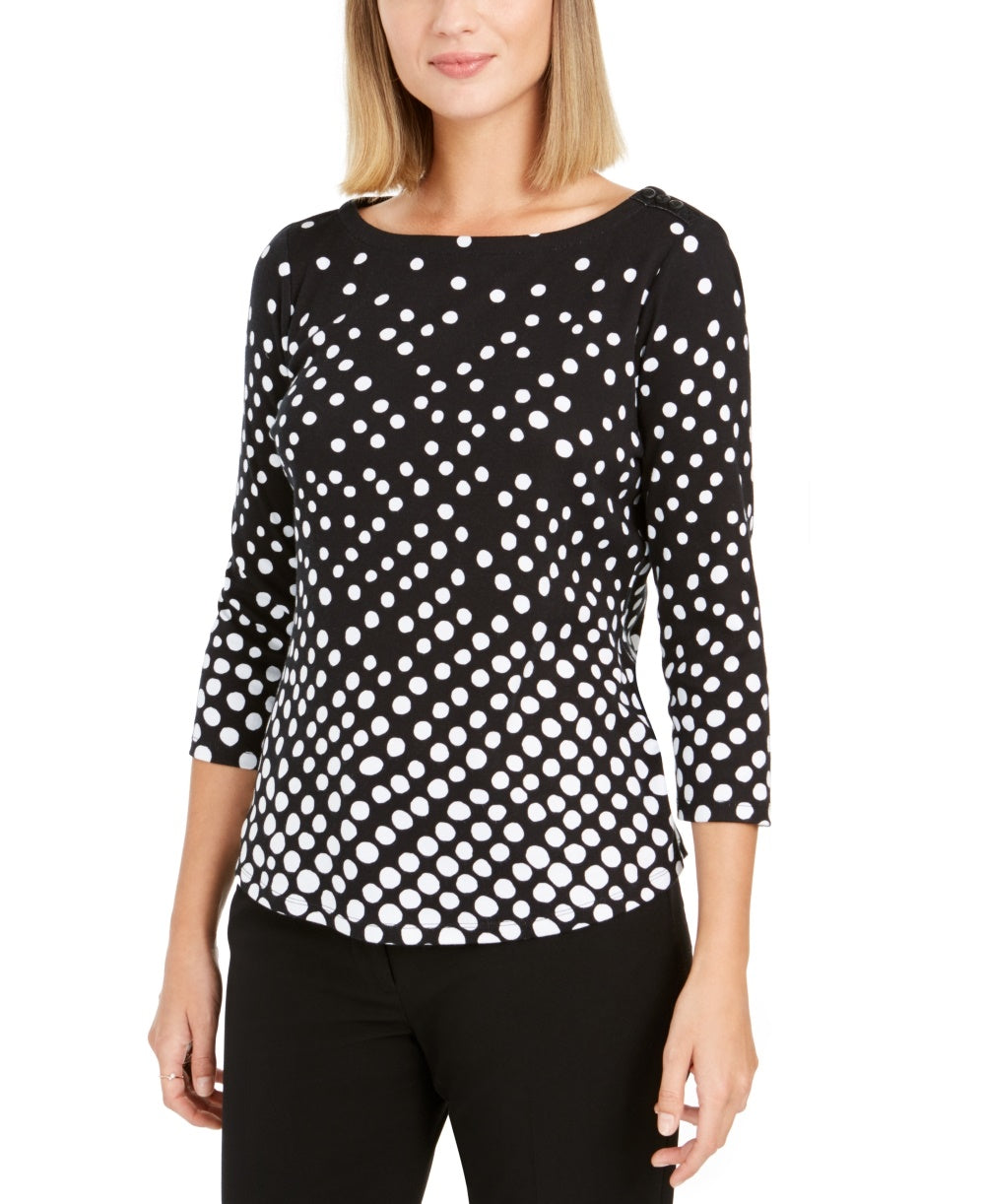 Charter Club Women's Pima Cotton Button Shoulder Print Top Black Size PXL