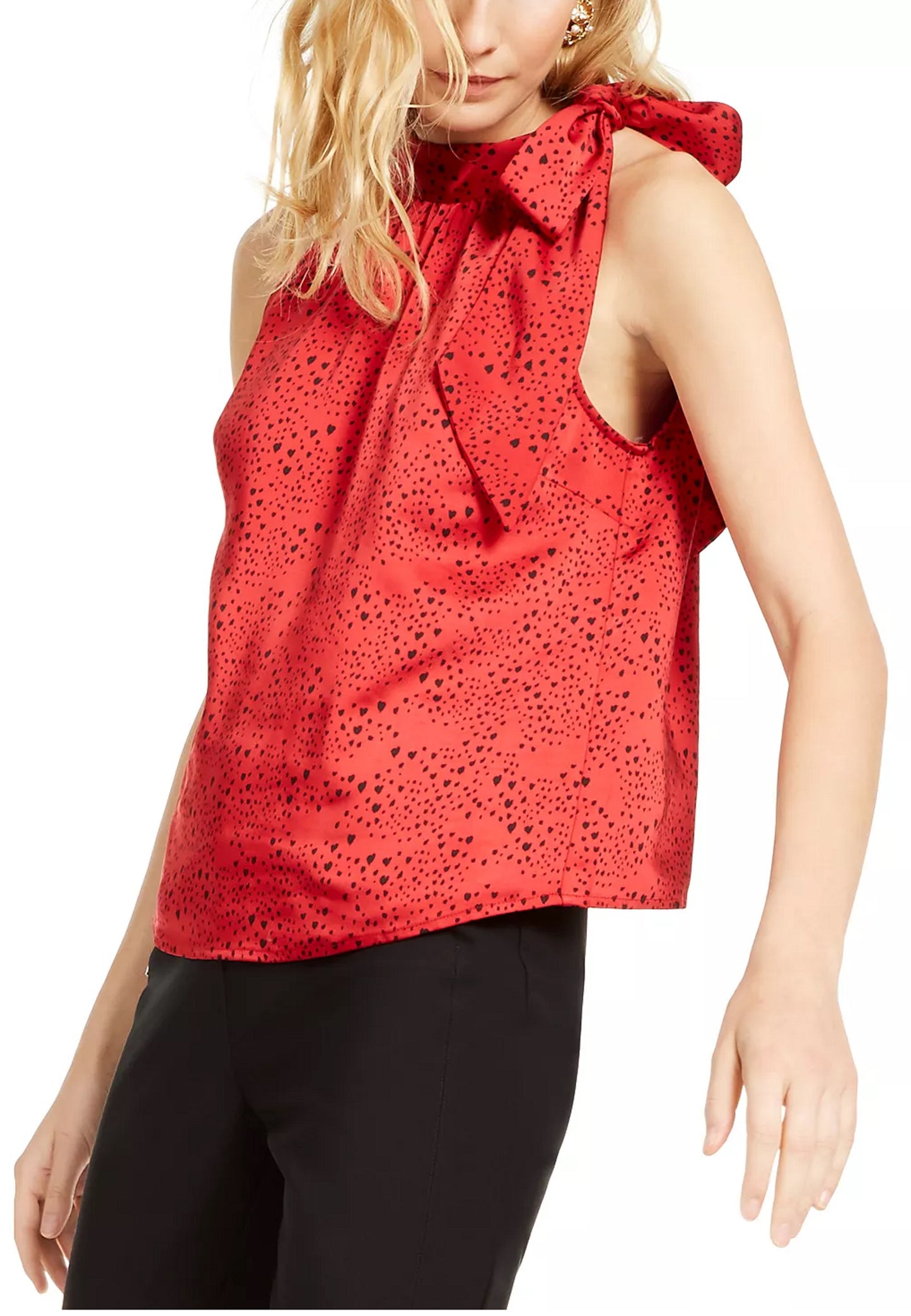 INC International Concepts Women's Heart Print Bow Top Red Size Small