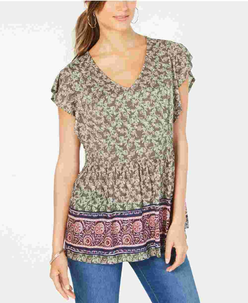 Style & Co Women's Petite Flutter-Sleeve Printed Peplum Top Green Size PM