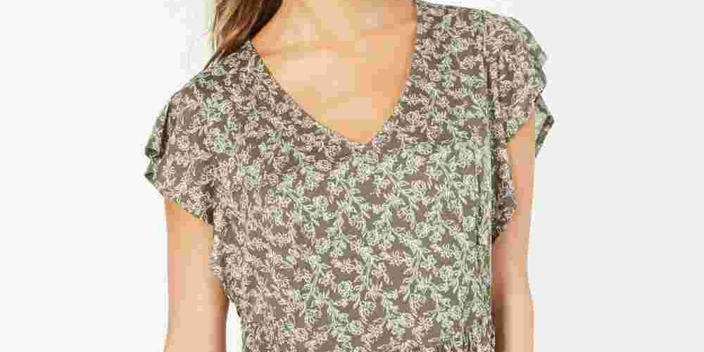 Style & Co Women's Petite Flutter-Sleeve Printed Peplum Top Green Size PM