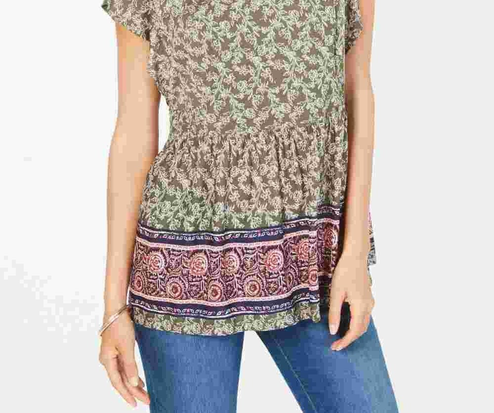 Style & Co Women's Petite Flutter-Sleeve Printed Peplum Top Green Size PM