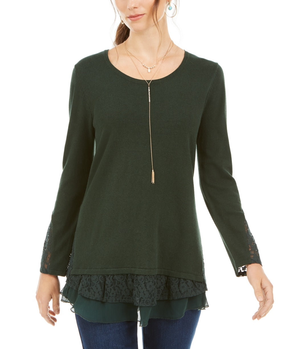 Style & Co Women's Lace TrimLong Sleeve Top  Green Size PXL