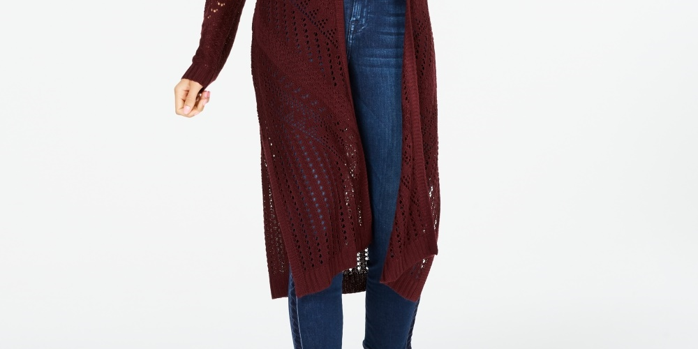 Hooked Up By IOT Juniors' Pointelle Open-Front Duster Cardigan Red Size Small