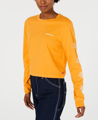 Dickies Women's Cotton Long Sleeve Logo Detail T Shirt Yellow Size Medium