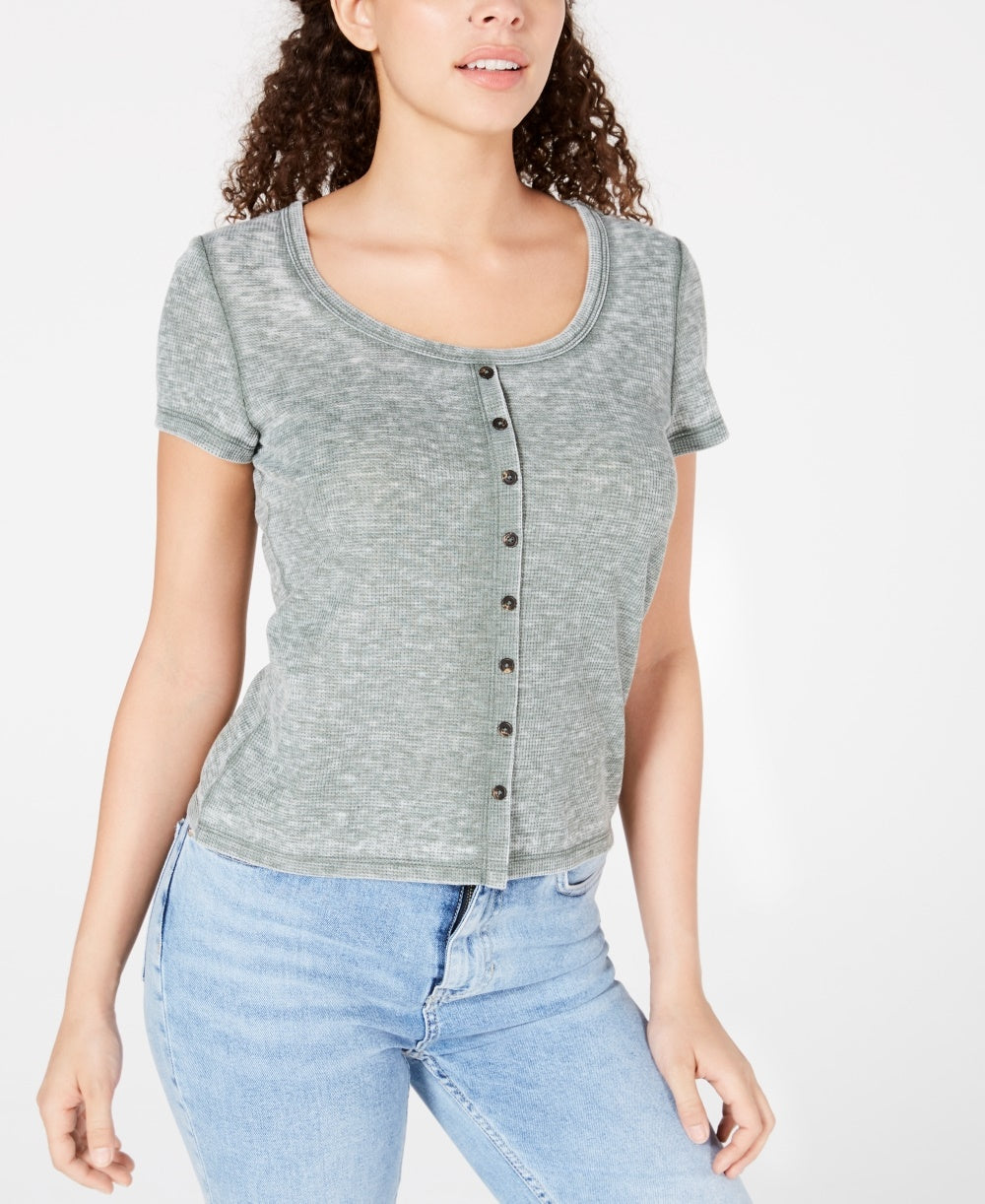 Crave Fame Juniors' Button-Front Waffle T-Shirt Green Size Large