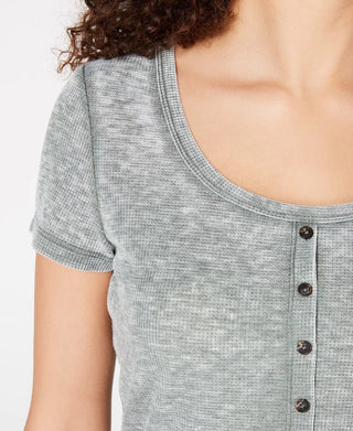 Crave Fame Juniors' Button-Front Waffle T-Shirt Green Size Large