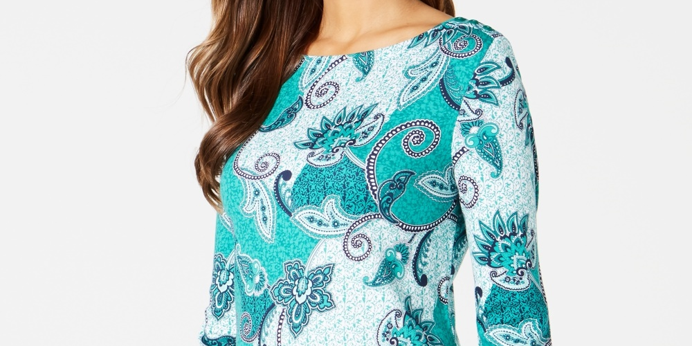 Charter Club Women's Pima Cotton Button Shoulder Print Top Green Size Petite Small
