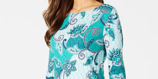 Charter Club Women's Pima Cotton Button Shoulder Print Top Green Size Petite Small