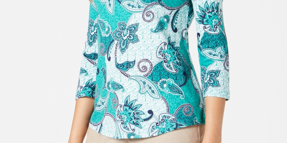 Charter Club Women's Pima Cotton Button Shoulder Print Top Green Size Petite Small