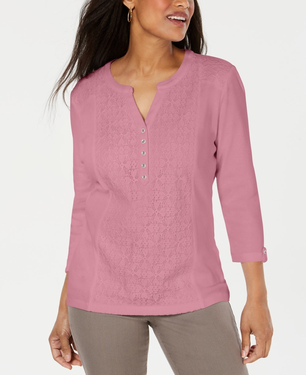 Karen Scott Women's Pink Lace Solid 3/4 Sleeve With Buttons Tunic Top Pink Size  Petite S