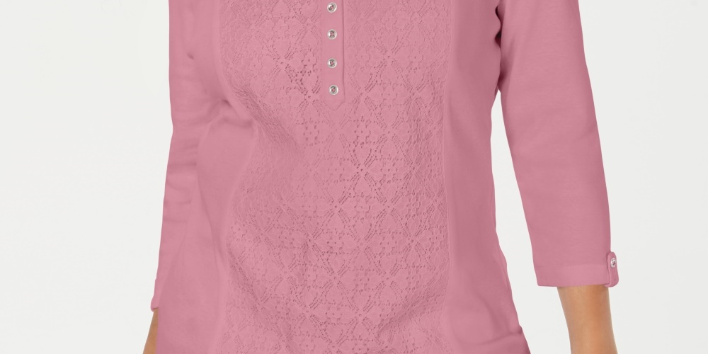 Karen Scott Women's Pink Lace Solid 3/4 Sleeve With Buttons Tunic Top Pink Size  Petite S