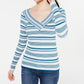 Freshman Junior's V Neck Striped Sweater Green Size Small
